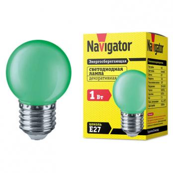 Лампа светодиодная Navigator шар G45 E27 1W, Зеленый
