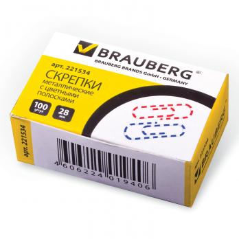 Скрепки BRAUBERG 28 мм с цветными полосками, 100 шт.